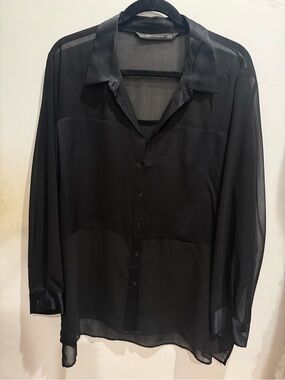 Zara Black Sheer Button-Down Shirt